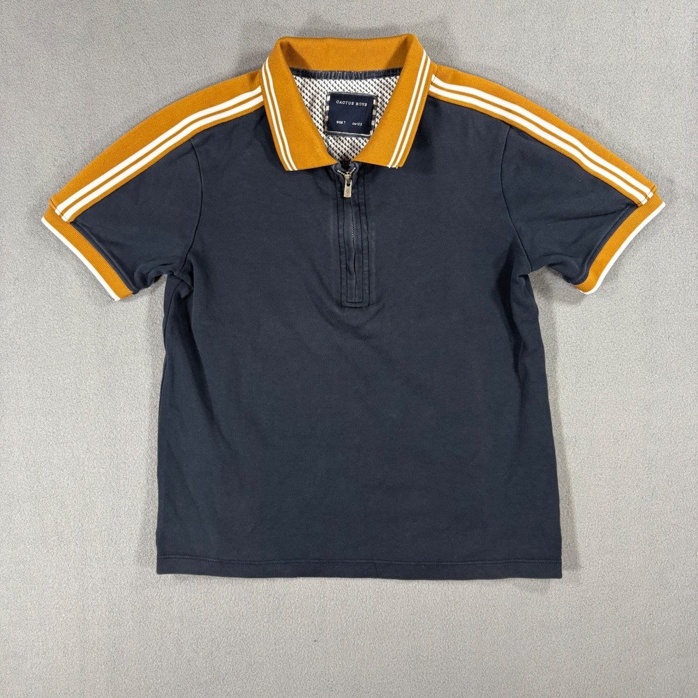 Cactus Boys Polo Shirt Kids Size 7 Navy Blue Excellent Quarter Zip Striped PSLB